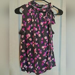 Liz Claiborne black, pink floral print high neck top with tie
